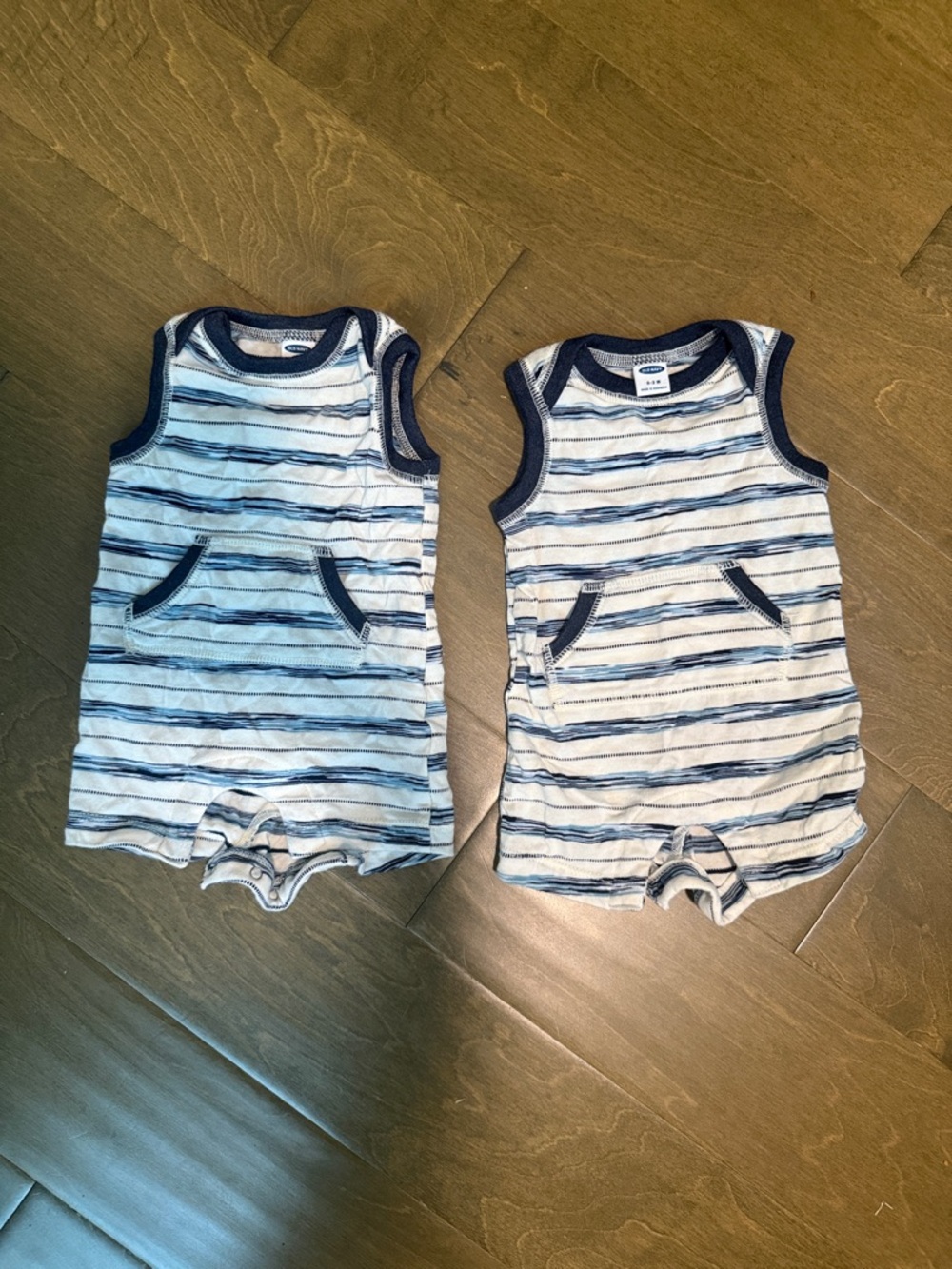 2 Old Navy White and Navy Striped Baby Rompers